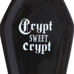 Close-up of ‘Crypt Sweet Crypt’ gothic text on black ceramic trinket tray.