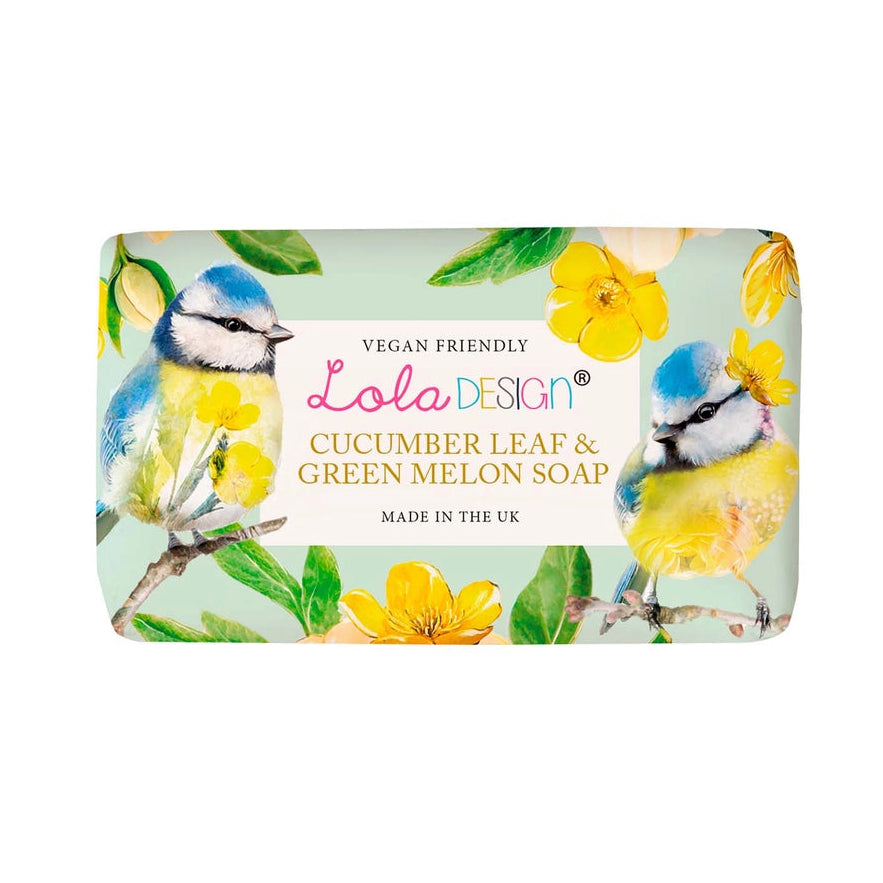 Cucumber Leaf & Green Melon Soap bar with Lola Design blue tits packaging, vegan friendly and enriched with shea butter.