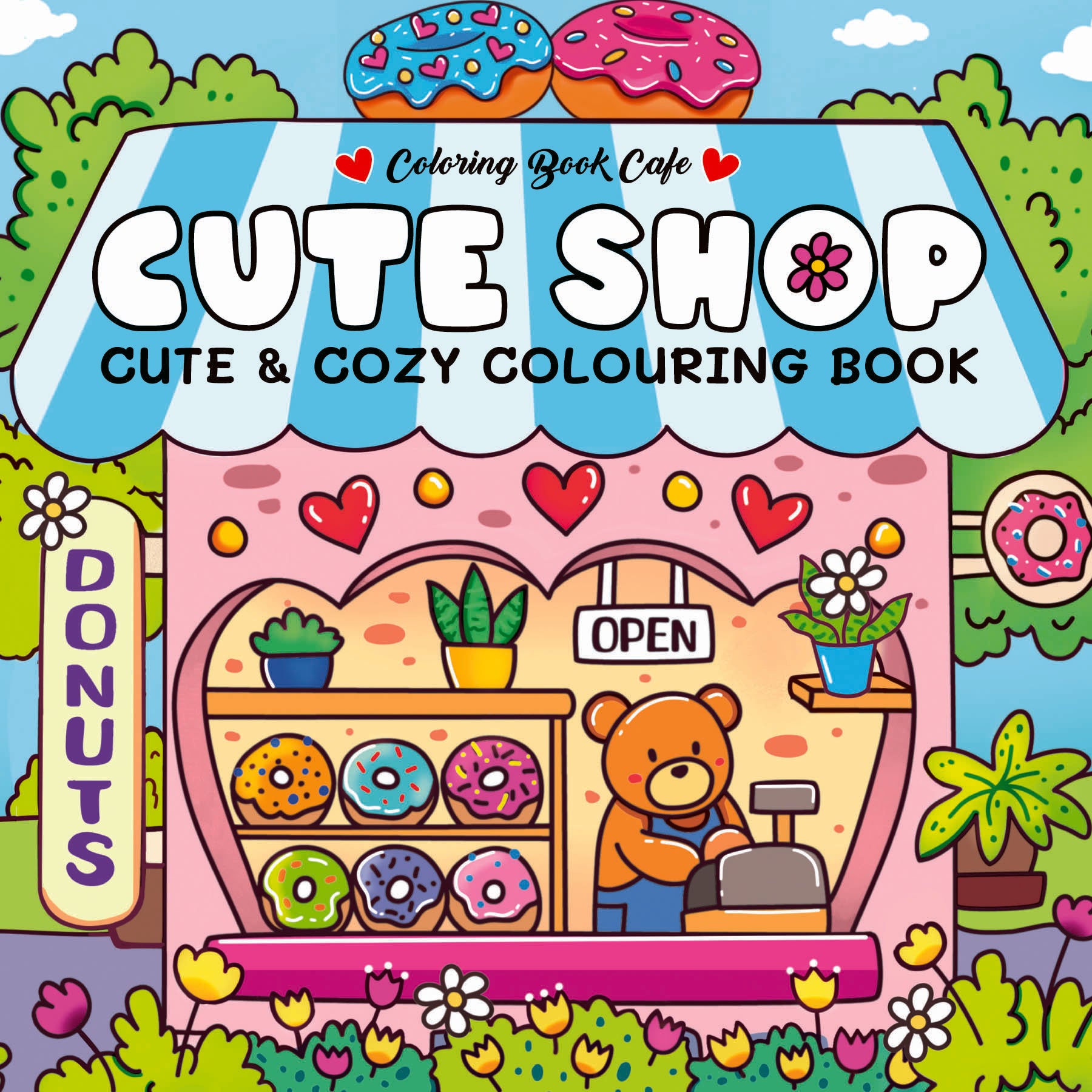 Cute Shop colouring book cover artwork with bakery and bear illustration