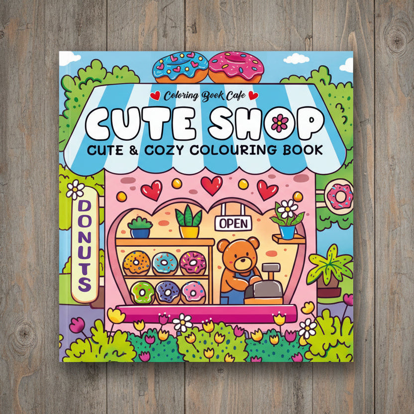 Cute Shop kawaii colouring book cover on wooden surface