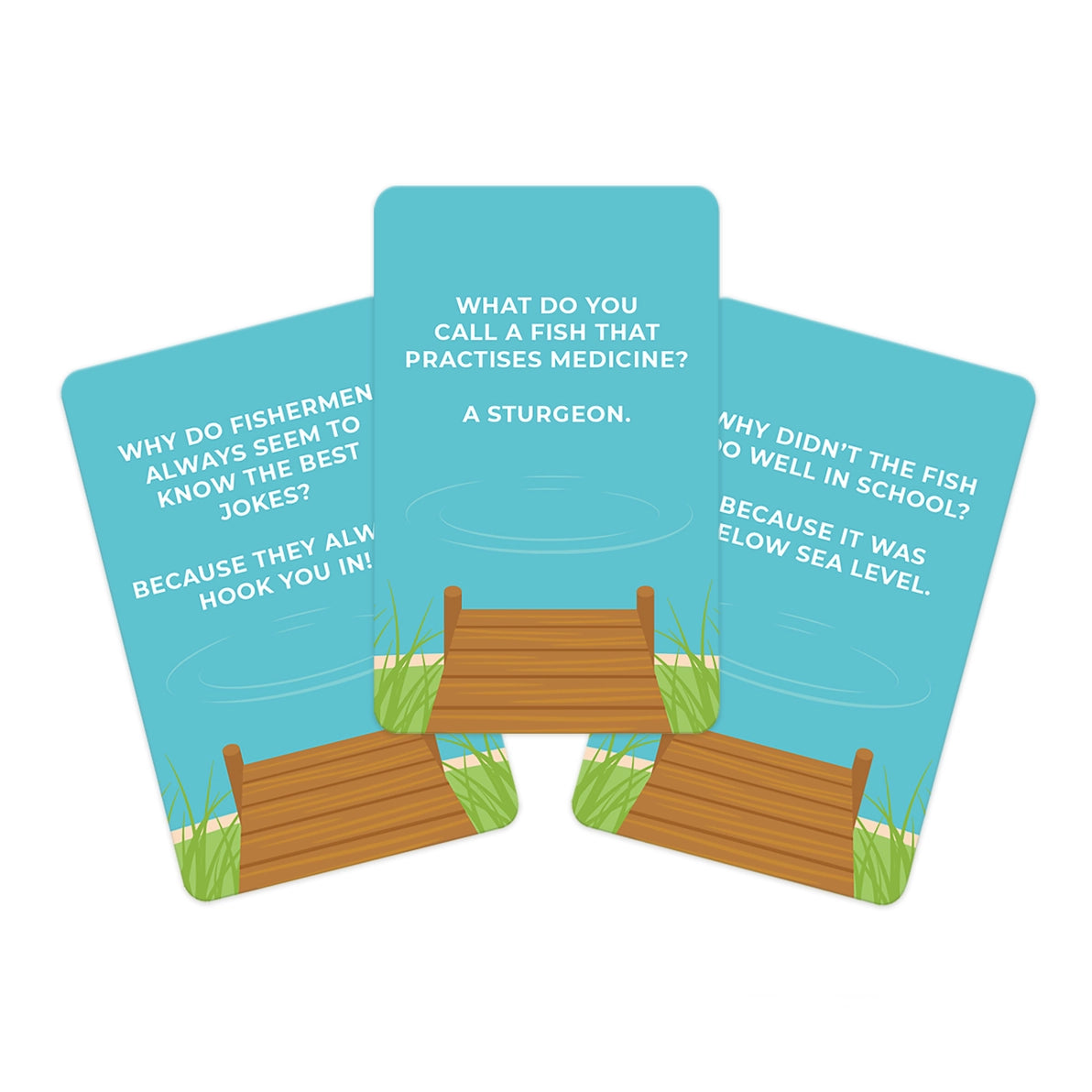 Three joke cards from Dad Jokes Fishing Edition featuring fish-themed puns and cartoon pier illustrations.