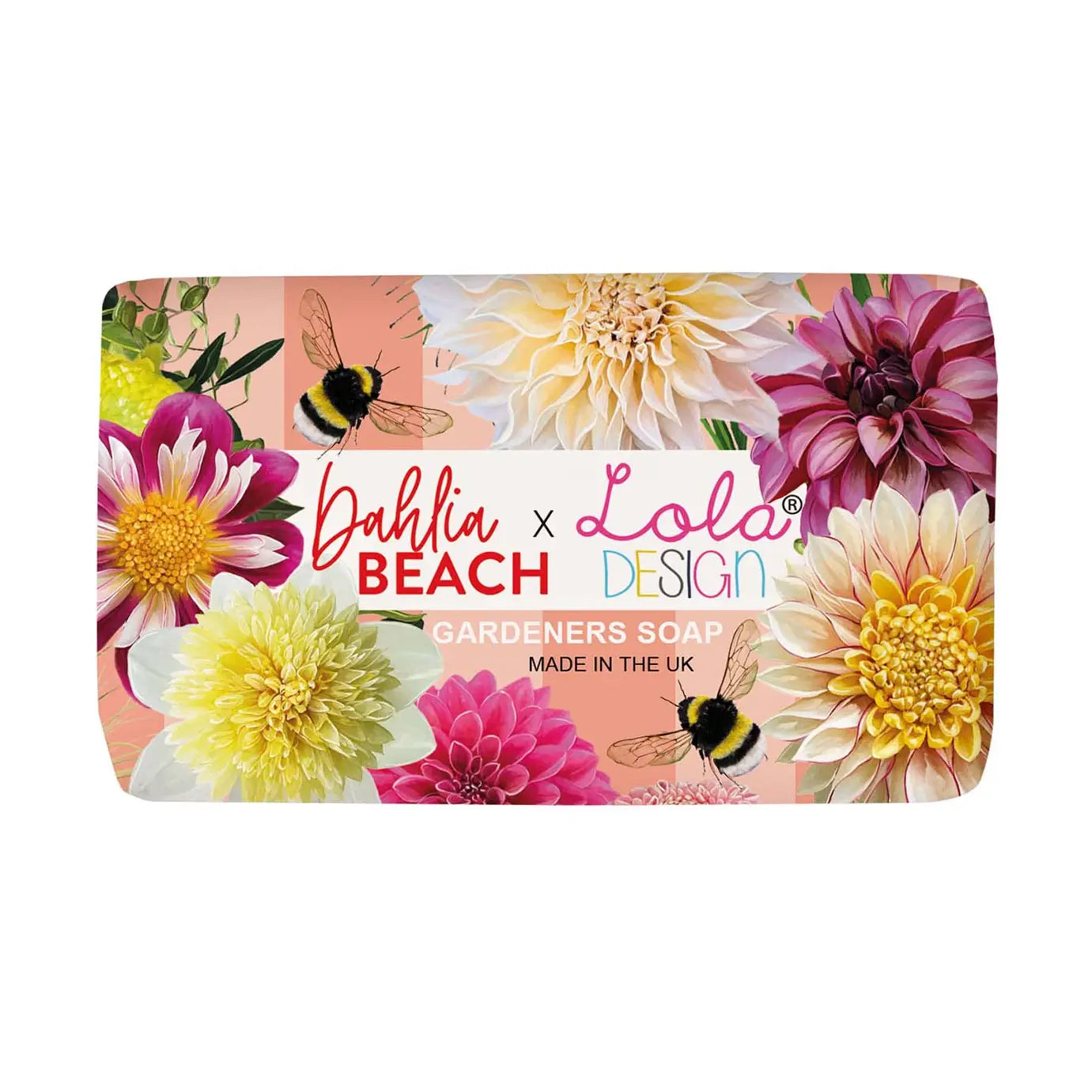 Dahlia Beach x Lola Design Gardeners Soap Bar featuring vibrant dahlia flowers and bees on pink packaging with shea butter, pink grapefruit and peach fragrance.