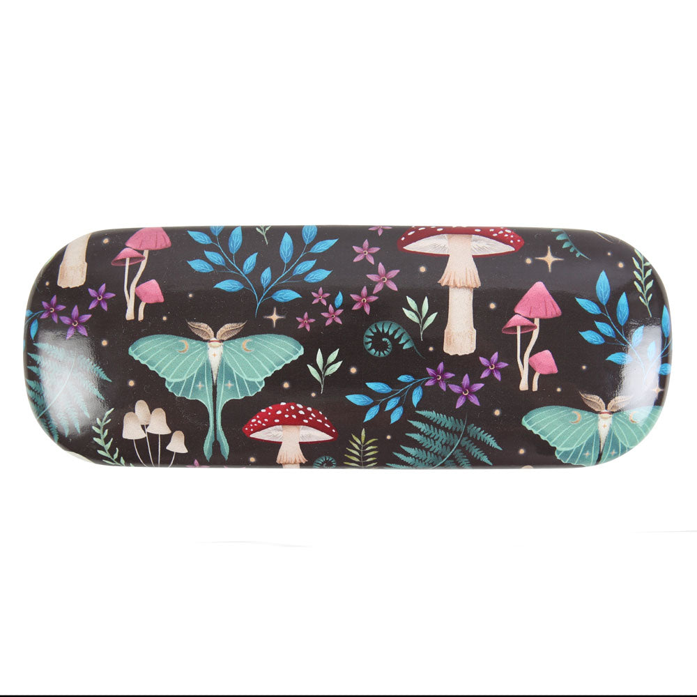 Hard shell Dark Forest glasses case, black background with mushrooms, moths and magickal plants pattern, shown closed on white.