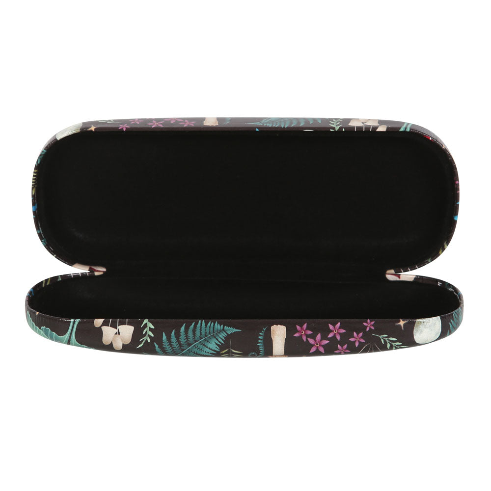 Dark Forest glasses case opened to show soft black lined interior and curved hard-shell edges.