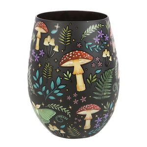 Close-up of Dark Forest Print Stemless Wine Glass showing detailed mushrooms, foliage, and moon motifs.