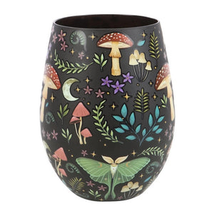 Side view of Dark Forest Print Stemless Wine Glass with luna moth and floral illustrations.
