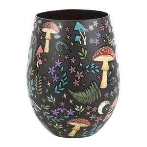 Rotated view of Dark Forest Print Wine Glass highlighting night forest artwork and celestial accents.