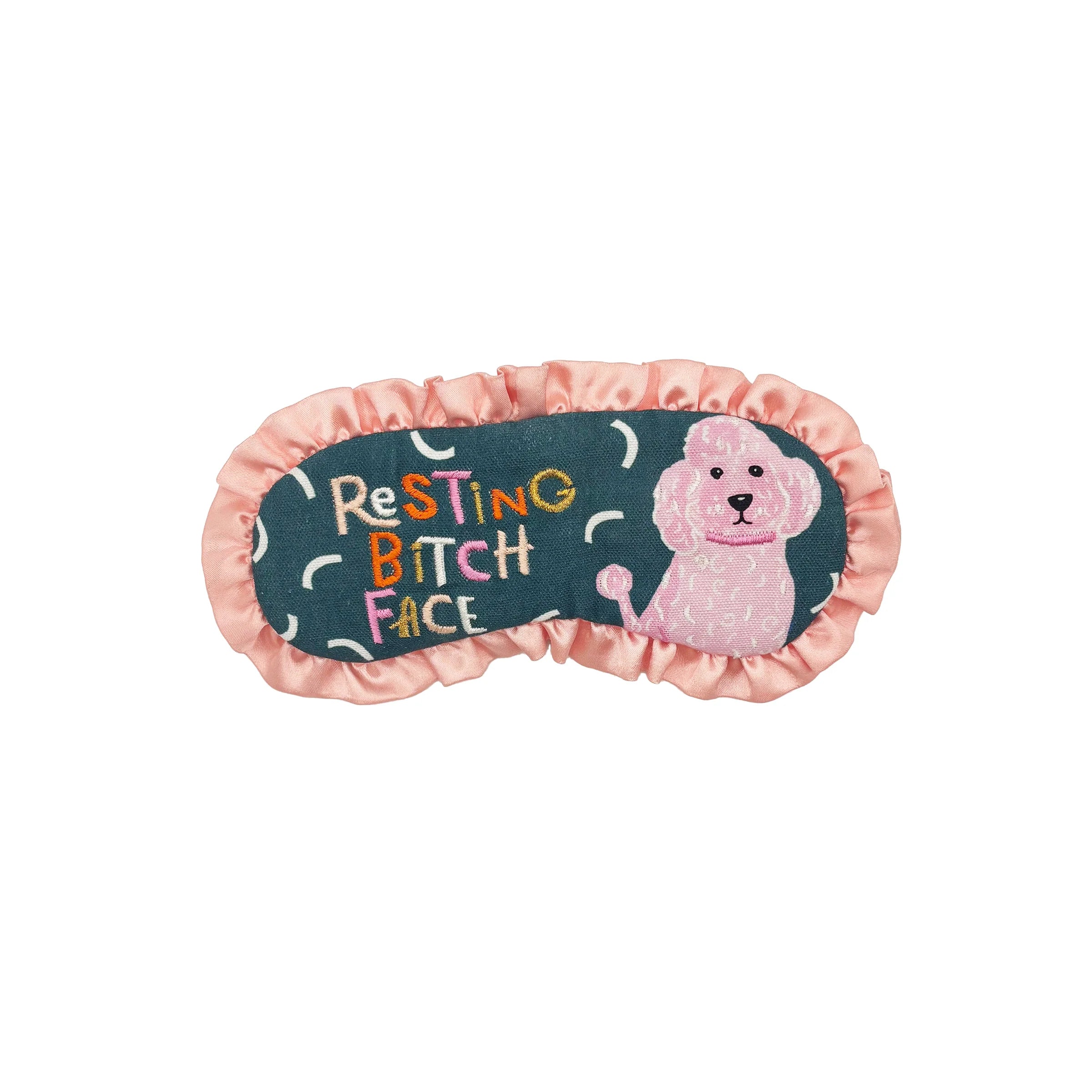 Flat lay of Resting Bitch Face eyemask with pink satin frill and green cotton front.