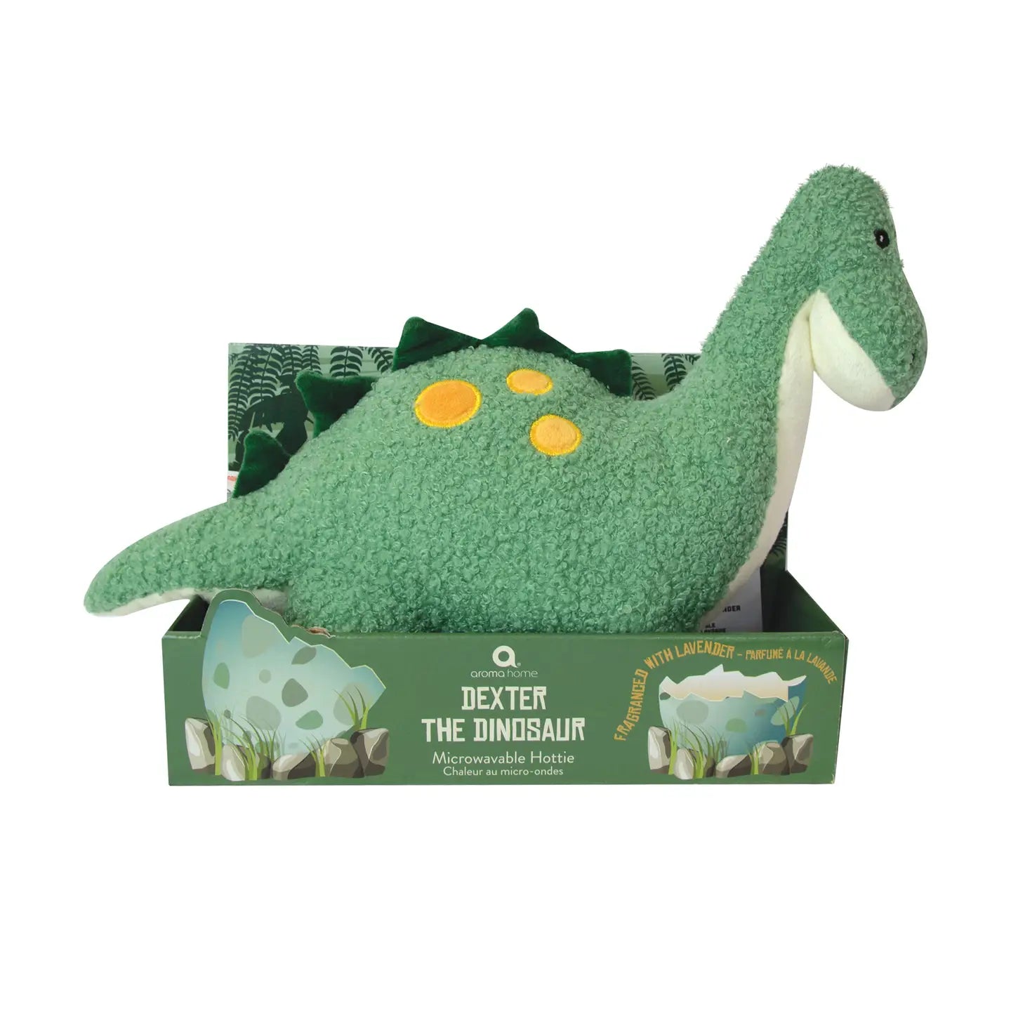 Dexter the Dinosaur Microwavable Hottie in gift box packaging, green plush with yellow spots and soft spikes.