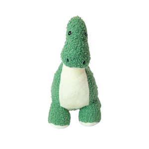 Front view of Dexter the Dinosaur Microwavable Hottie, soft green cuddly dinosaur with cream belly.