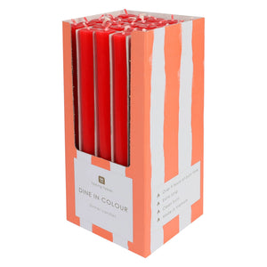 Box of six red taper dinner candles in striped packaging – 28cm tall, elegant and long-burning.
