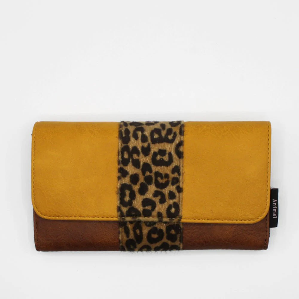 Close-up of the wallet laid flat, highlighting the bold leopard print accent and detailed stitching.