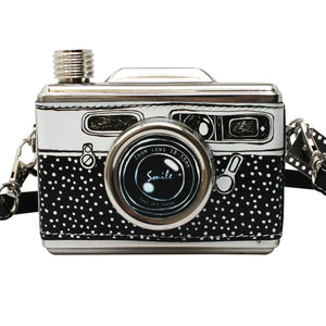 Front view of Disaster Designs Black and White Camera Hip Flask, featuring a vintage camera design.