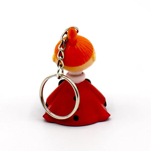 Back view of the Moomin “Little My” keyring, showcasing the red cape-like dress and black button details.