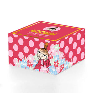 Packaging of the Moomin Little My ring dish by Disaster Designs, featuring a red box with polka dots and floral illustrations.