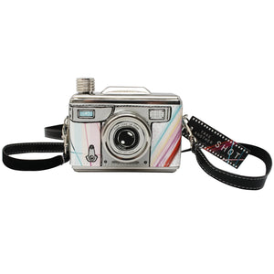 Front view of the Disaster Designs Multicoloured Camera Hip Flask featuring a vibrant retro camera design.