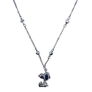 A standalone image of the silver Snoopy necklace, showcasing its 3D charm and heart-accented chain.