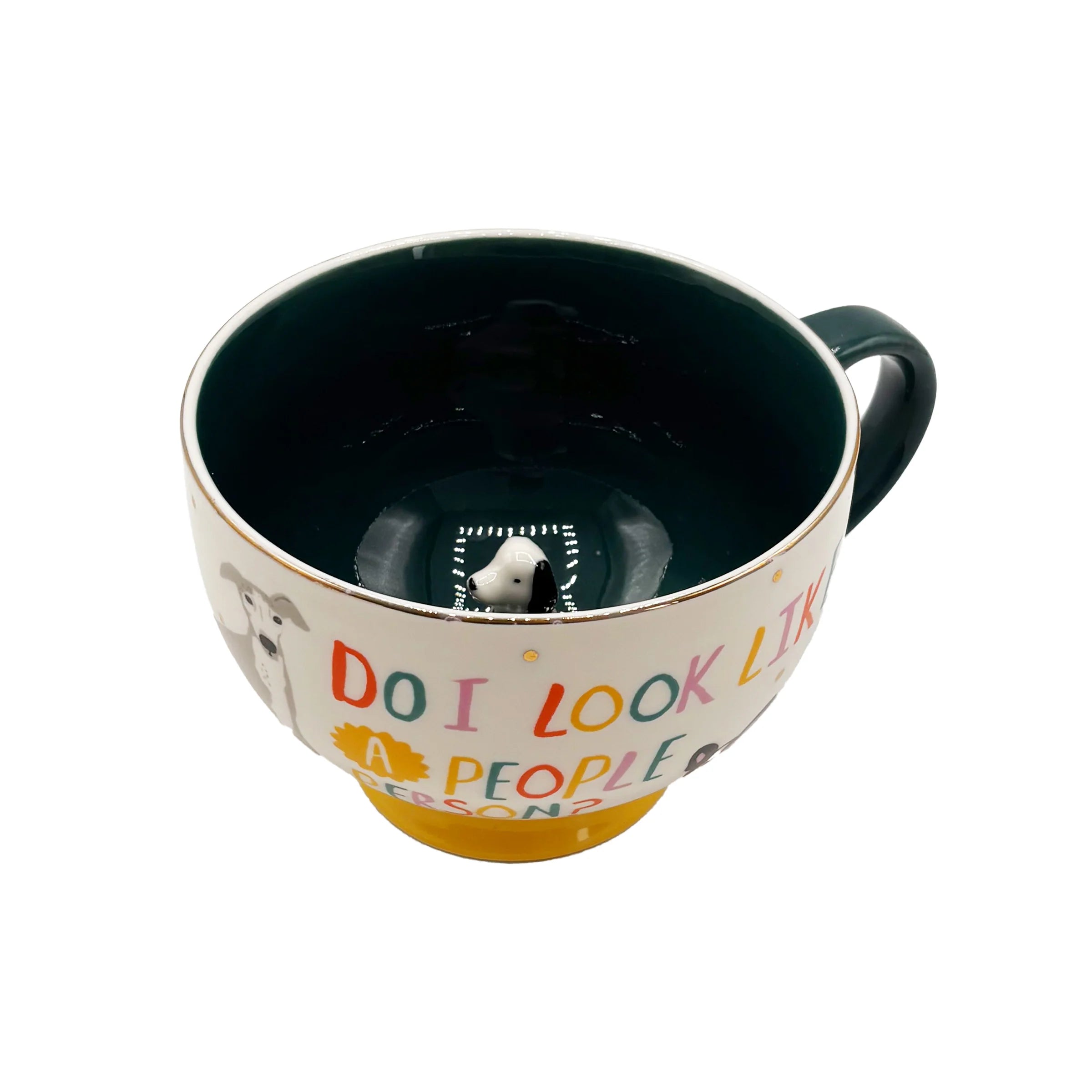 Overhead view showing hidden ceramic dog inside mug.
