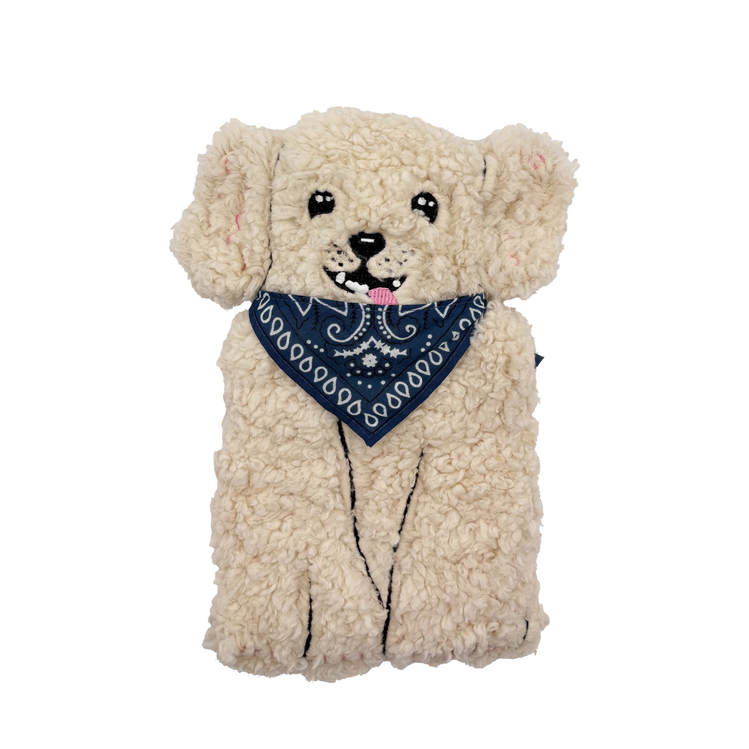 Studio image of boucle dog hot water bottle with blue bandana.