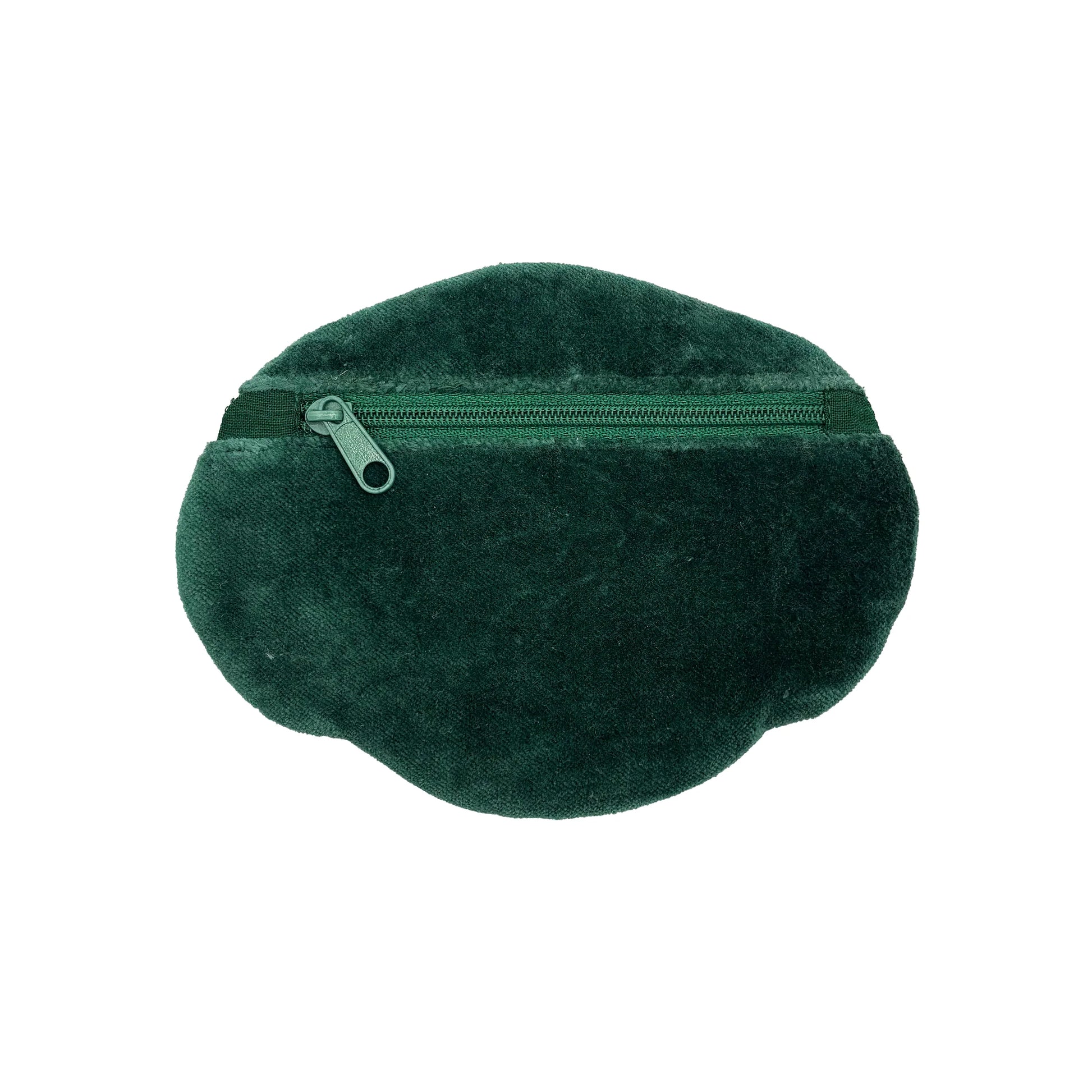Flat-lay of Dog House Coin Purse – soft green velvet back with zipper closure.