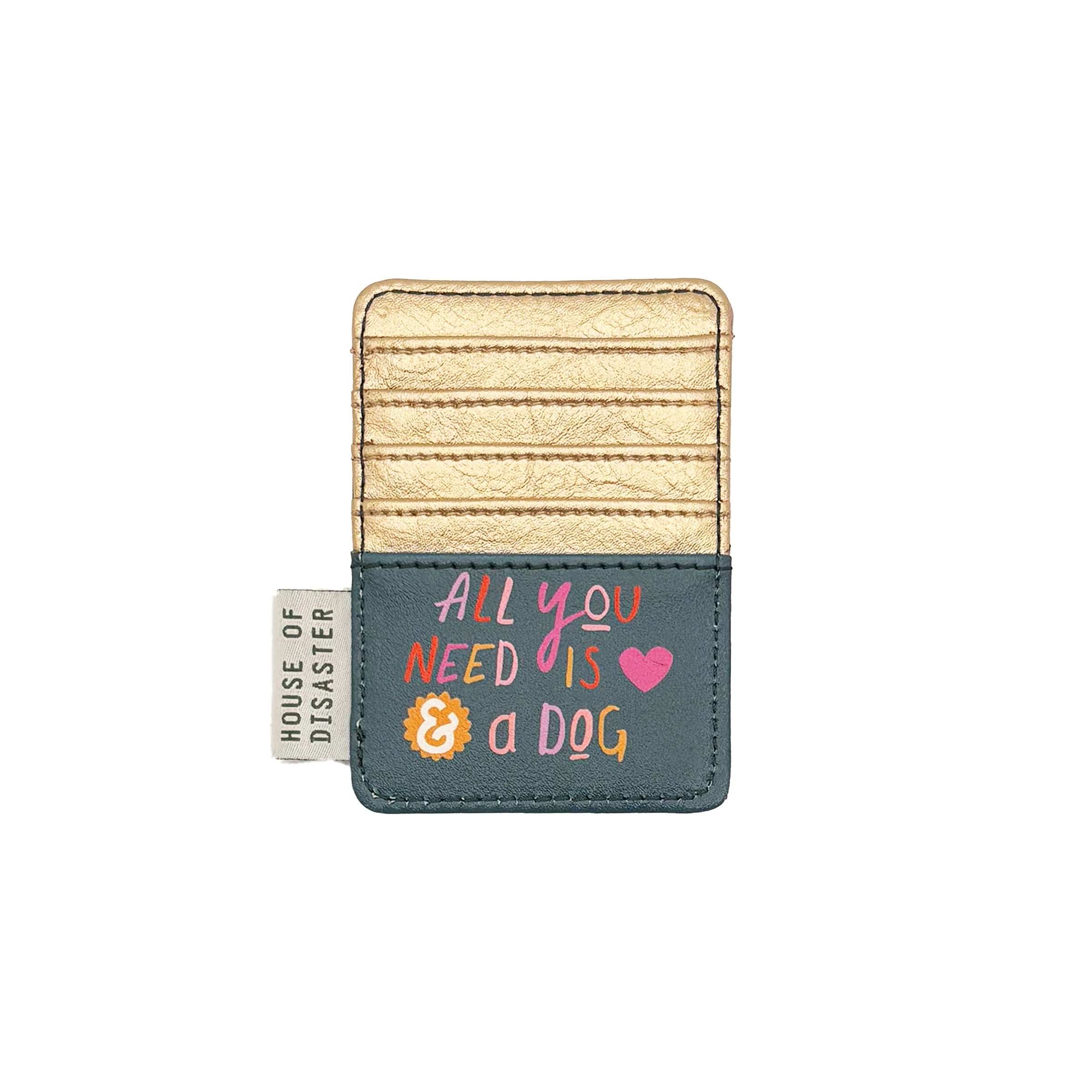 Metallic gold and teal Dog House Dog Card Holder with colourful slogan text.