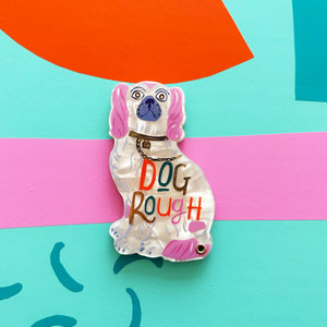Close-up of Dog House Dog Rough Compact Mirror showing pink-eared spaniel and pearlescent finish.