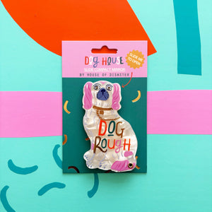Dog House Dog Rough Compact Mirror packaged on header card with bold retro colours.