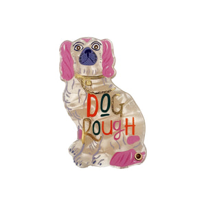 Studio image of Dog House Dog Rough Compact Mirror featuring spaniel and “Dog Rough” lettering.