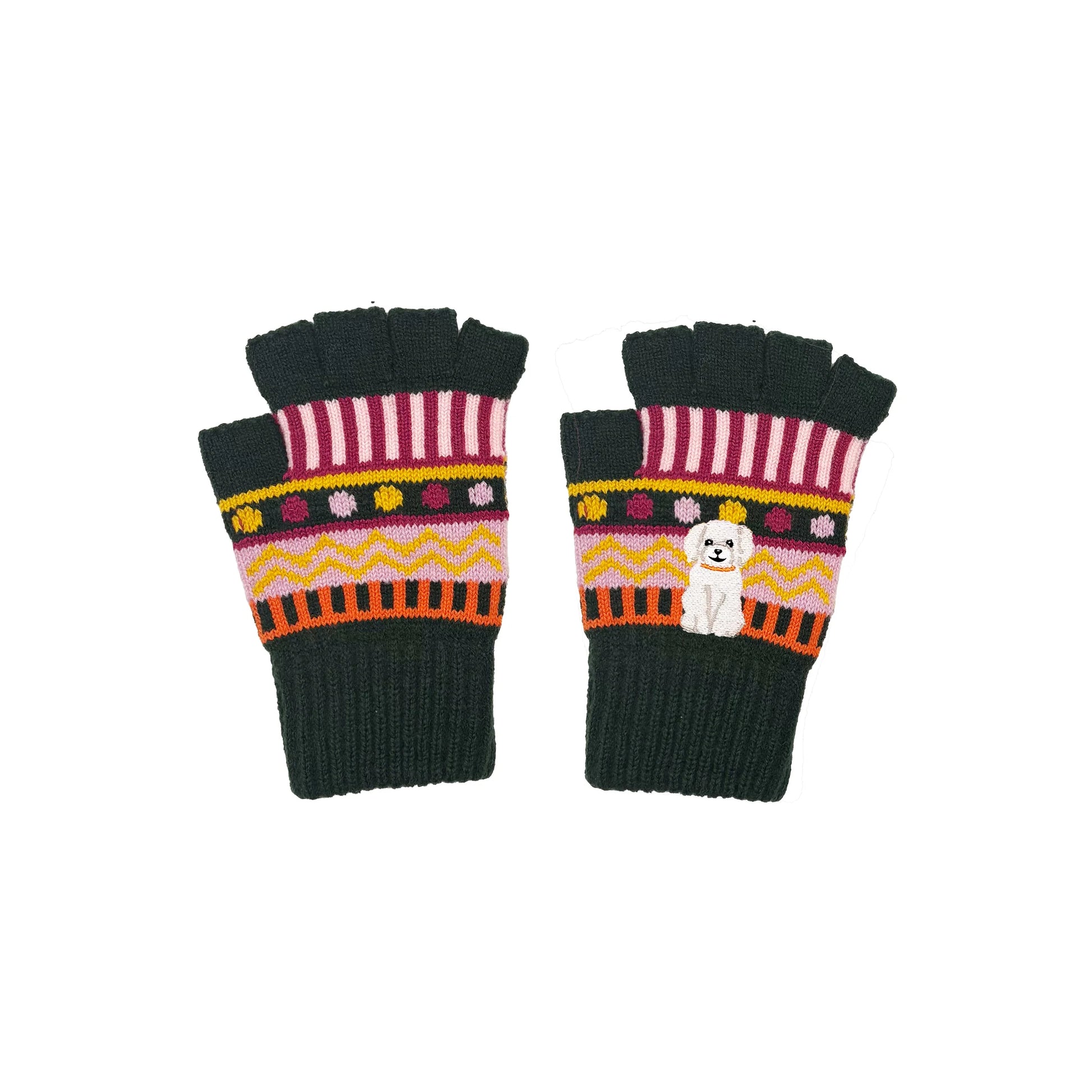 Fingerless gloves featuring white embroidered dog on bold striped knit pattern.