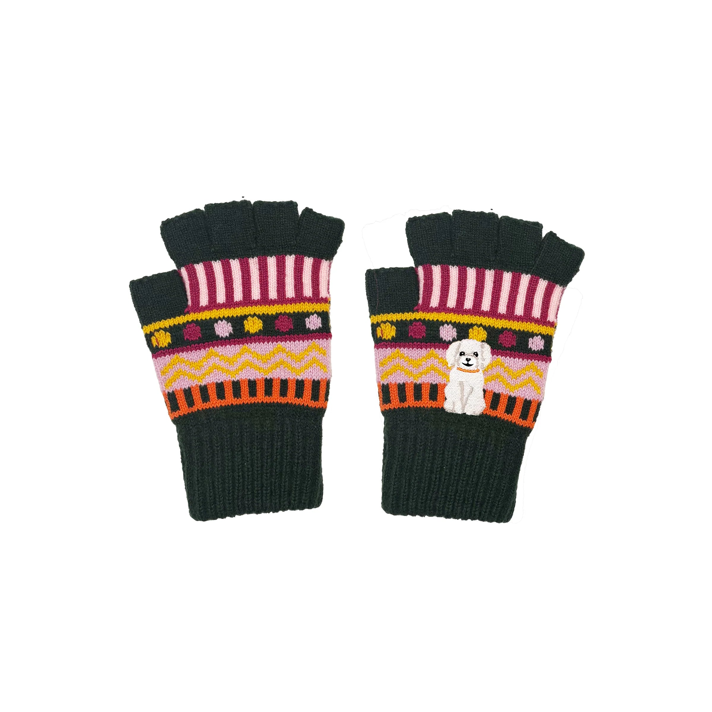 Fingerless gloves featuring white embroidered dog on bold striped knit pattern.