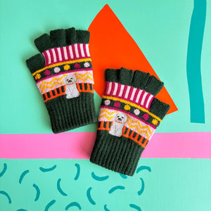 Dog House Fair Isle Fingerless Gloves with colourful stripes and embroidered dog on bright background.