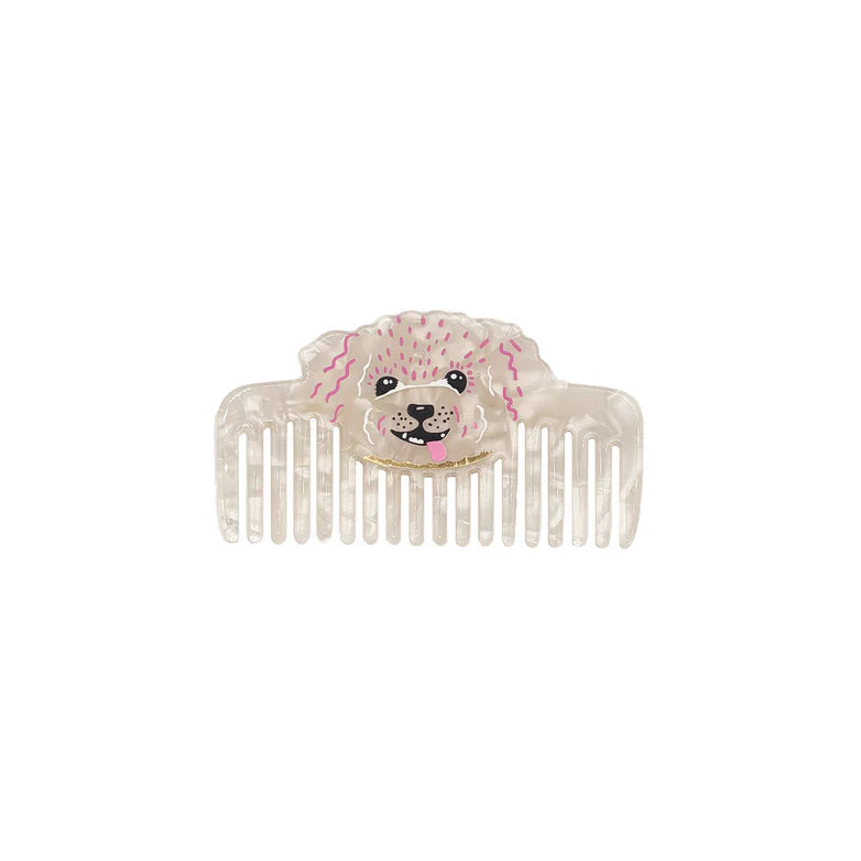 Product shot of pearlescent comb with dog face design – Dog House Hair of the Dog Comb front view.