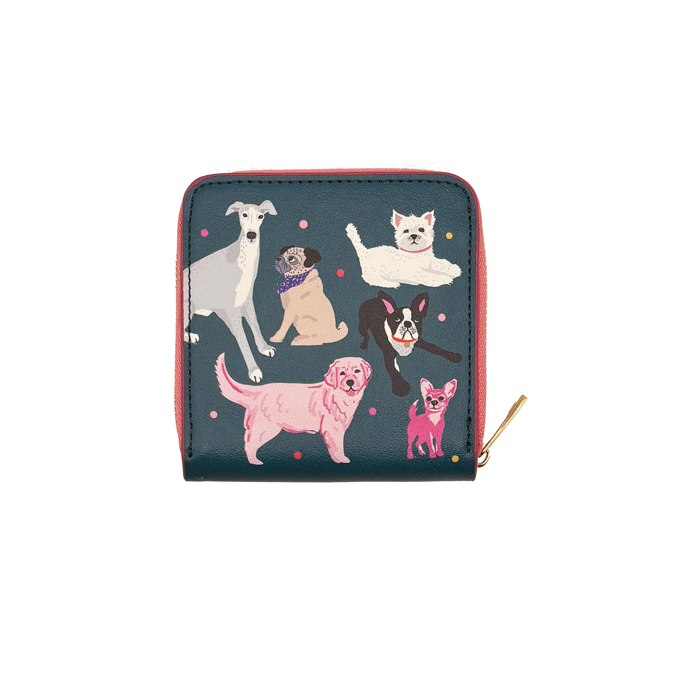 Studio image showing back of purse with dog illustrations.