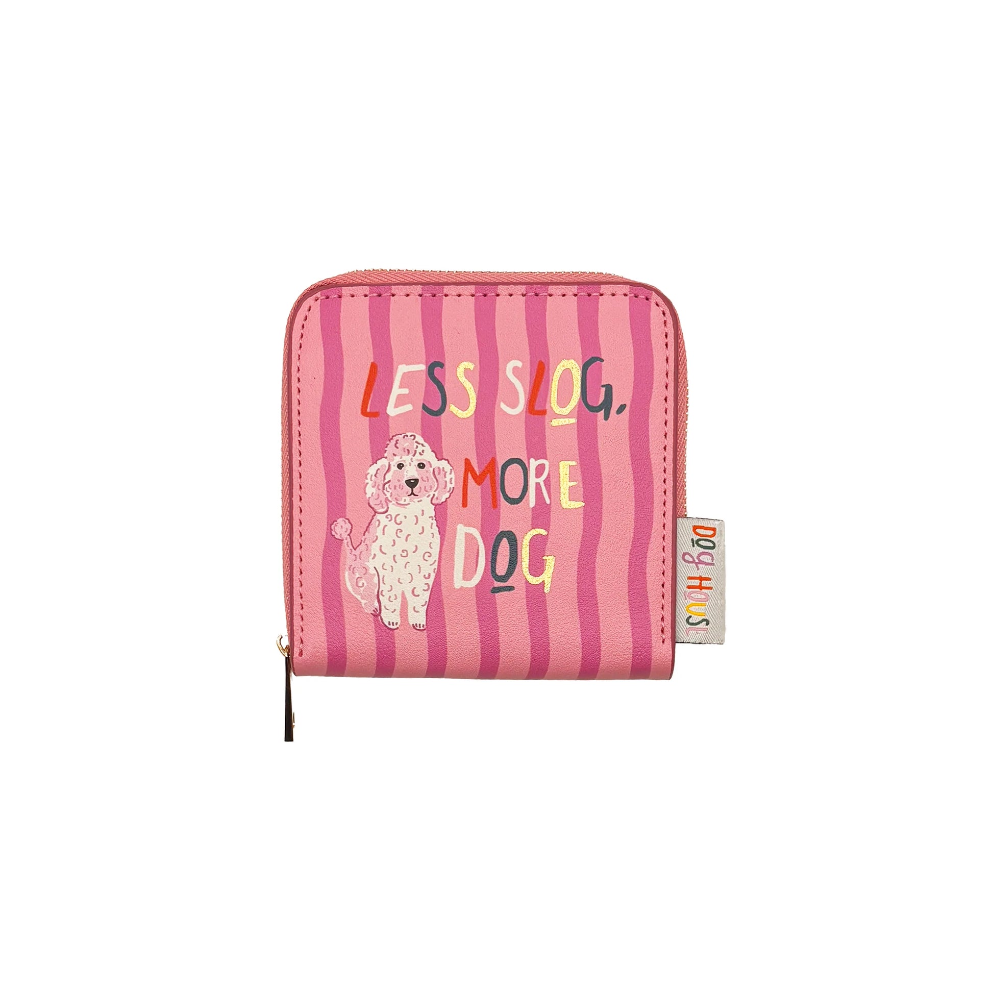 Flat lay of pink and green Dog House Purse with gold zip and colourful dog designs.