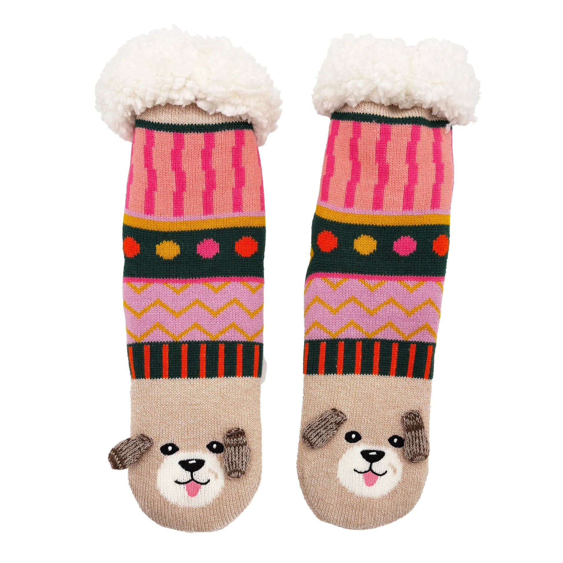 Flat lay of Dog House Slipper Socks with patterned design and white fleece cuffs.