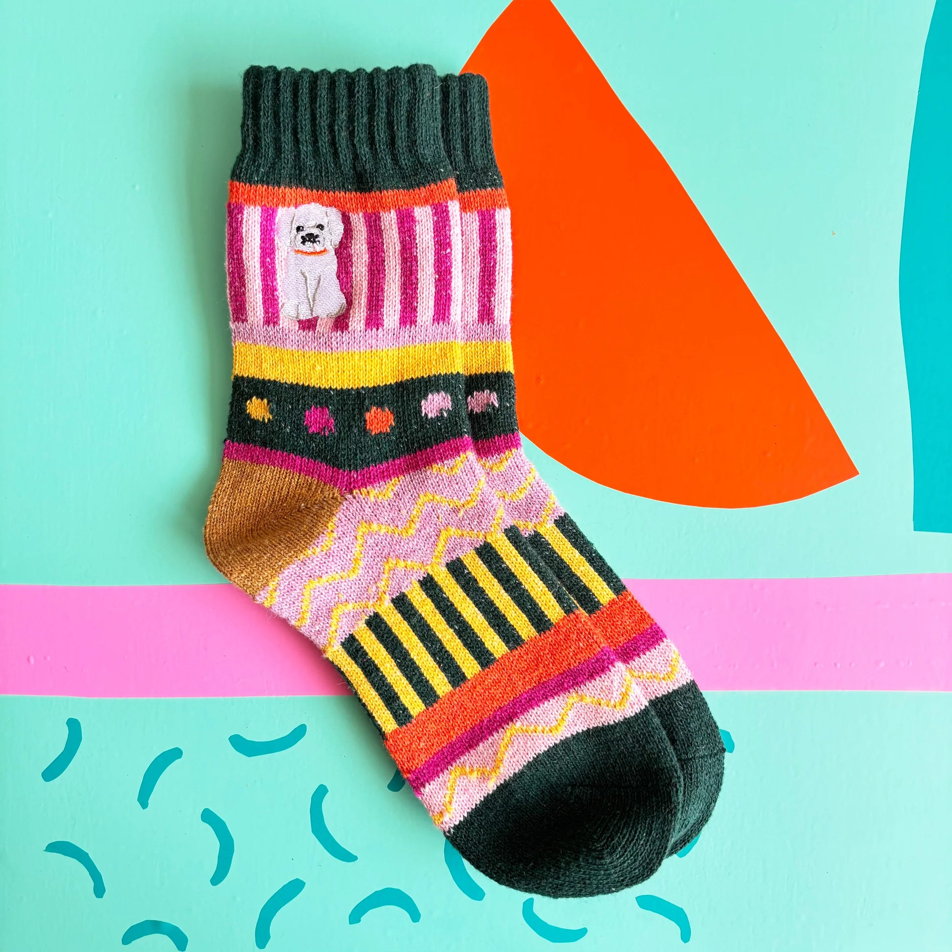 Doghouse Fair Isle Socks with bold stripes, zigzags, and embroidered dog design.