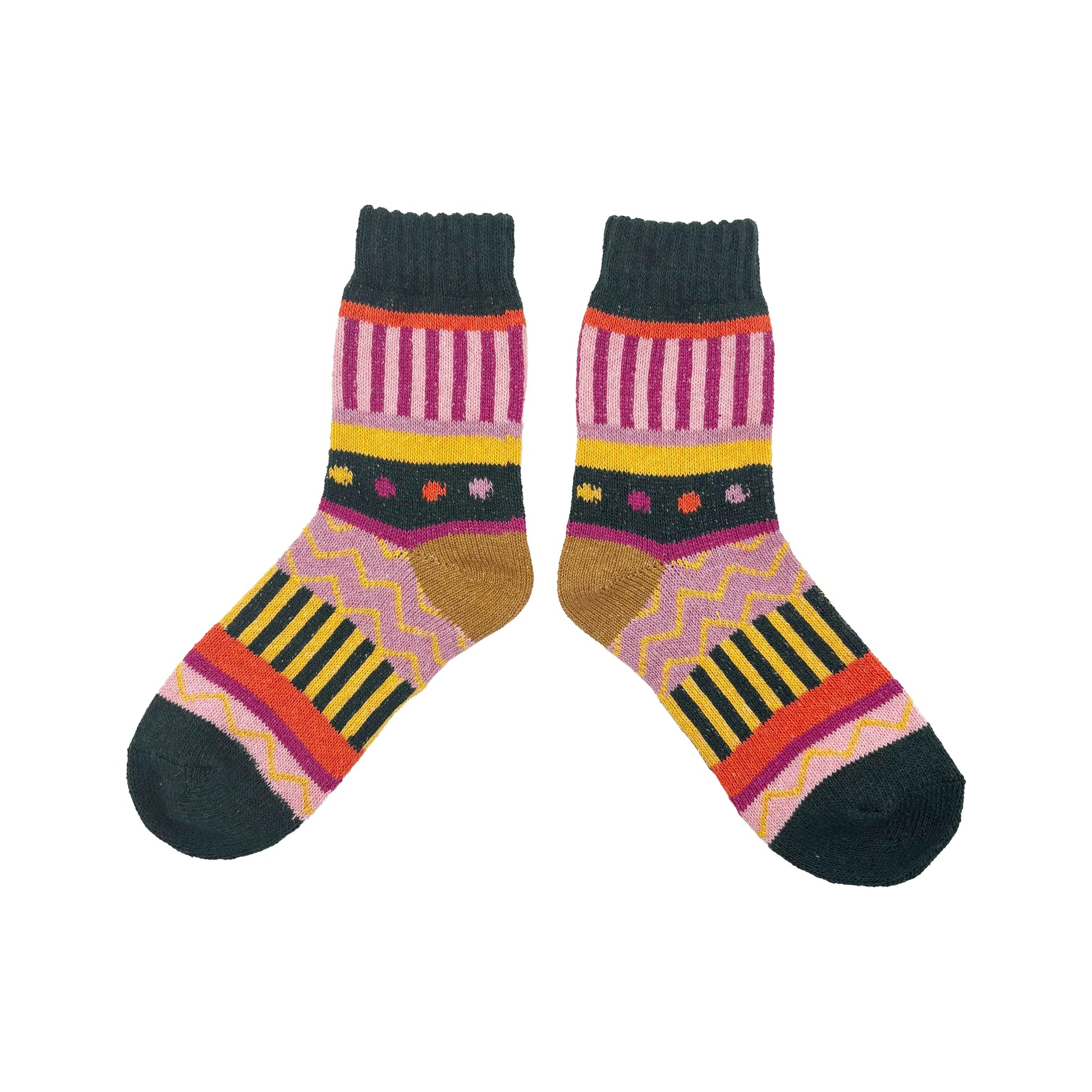 Flat lay of socks with vibrant mix of stripes and polka dots.