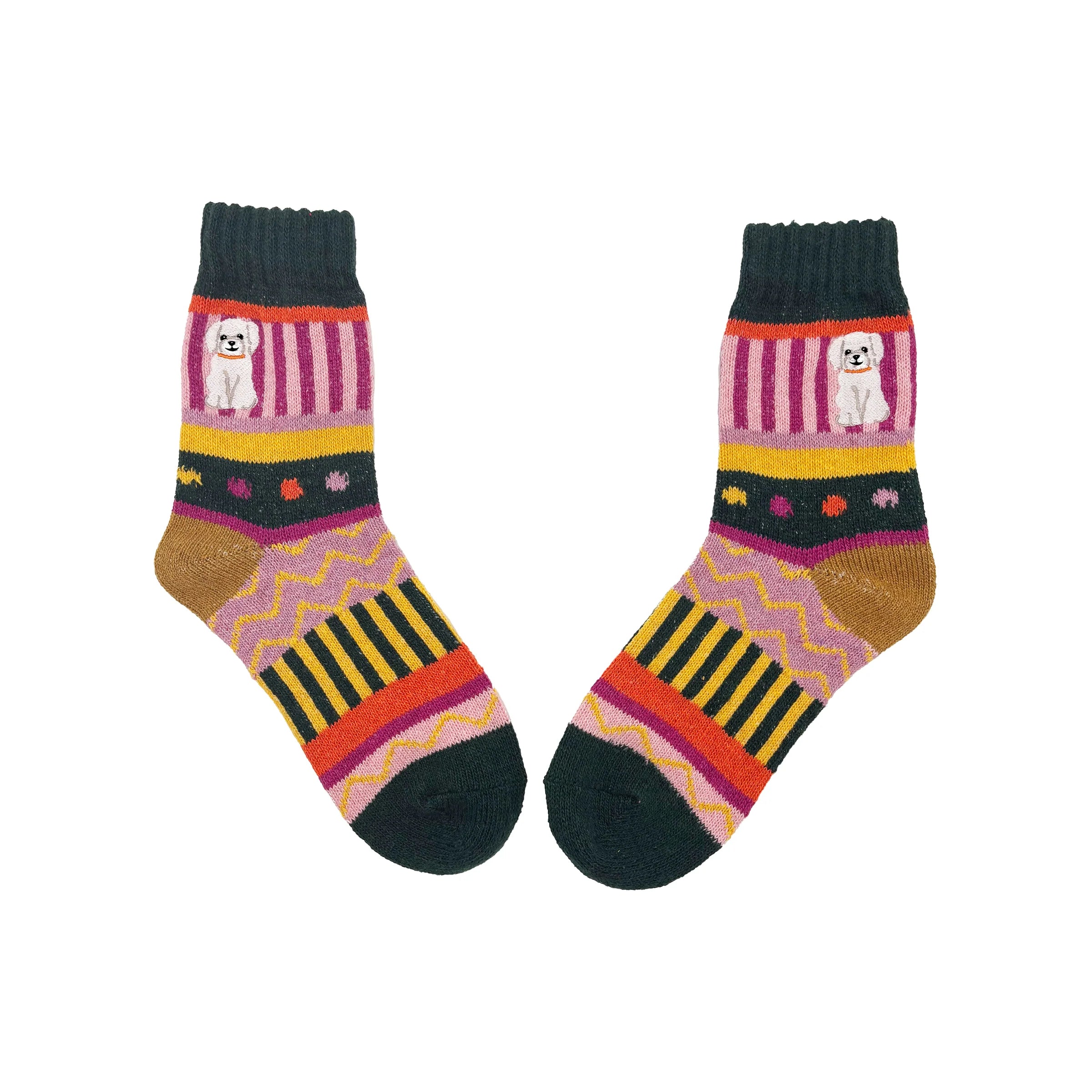 Pair of Doghouse Fair Isle Socks showing embroidered dog on each ankle.
