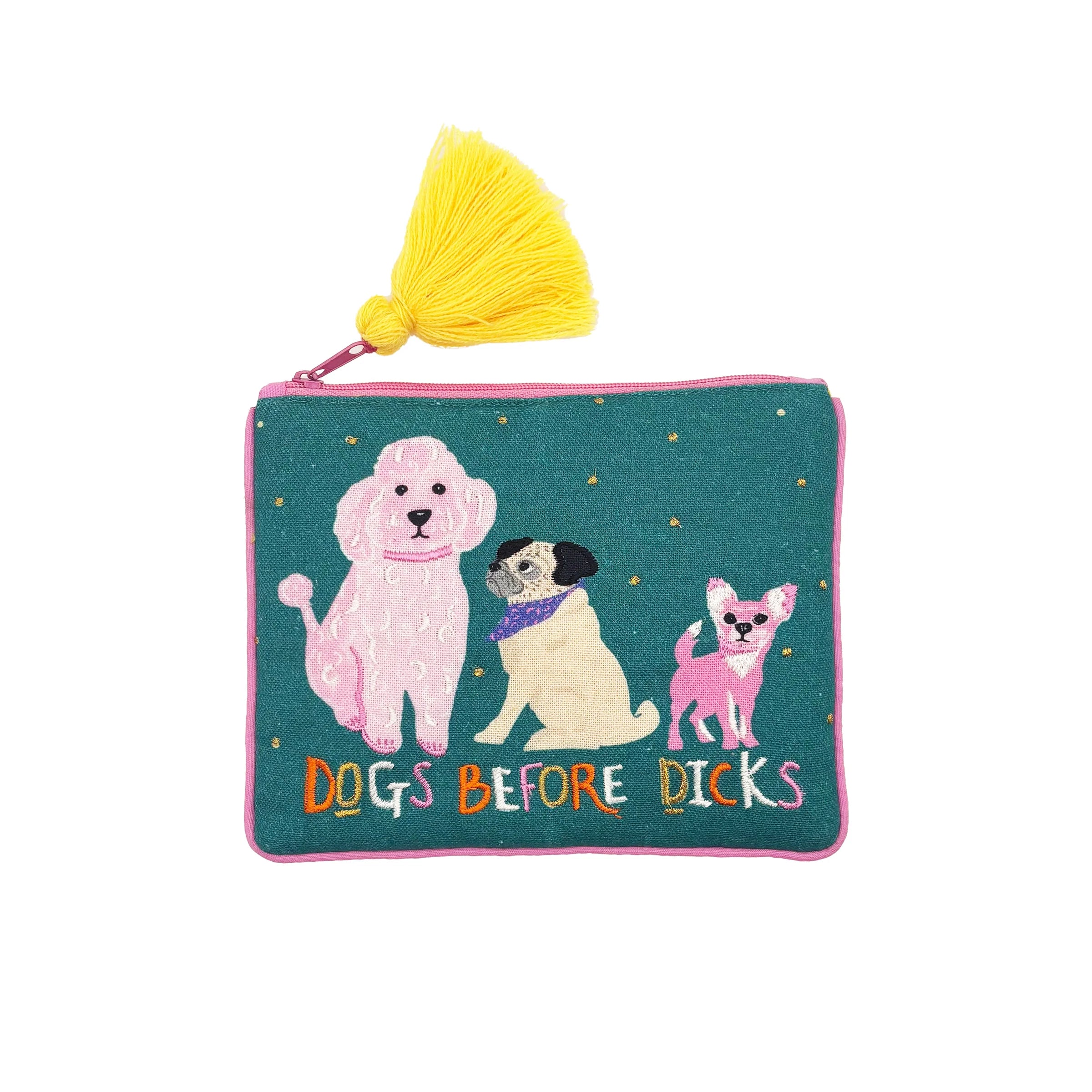 Studio shot of Dogs Before Dicks pouch with bright yellow tassel.