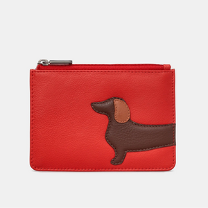 Red leather dachshund zip purse by Yoshi – front with dog applique.