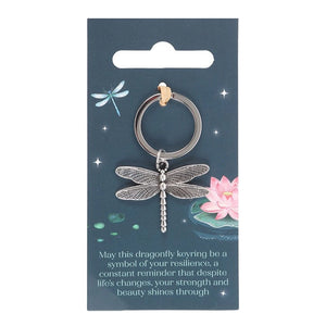 Dragonfly Keyring with a silver-tone finish, attached to a keyring loop.