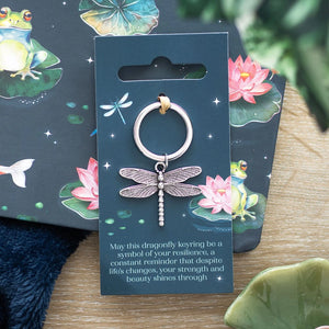 Front view of Dragonfly Keyring on decorative backing card with inspirational quote.