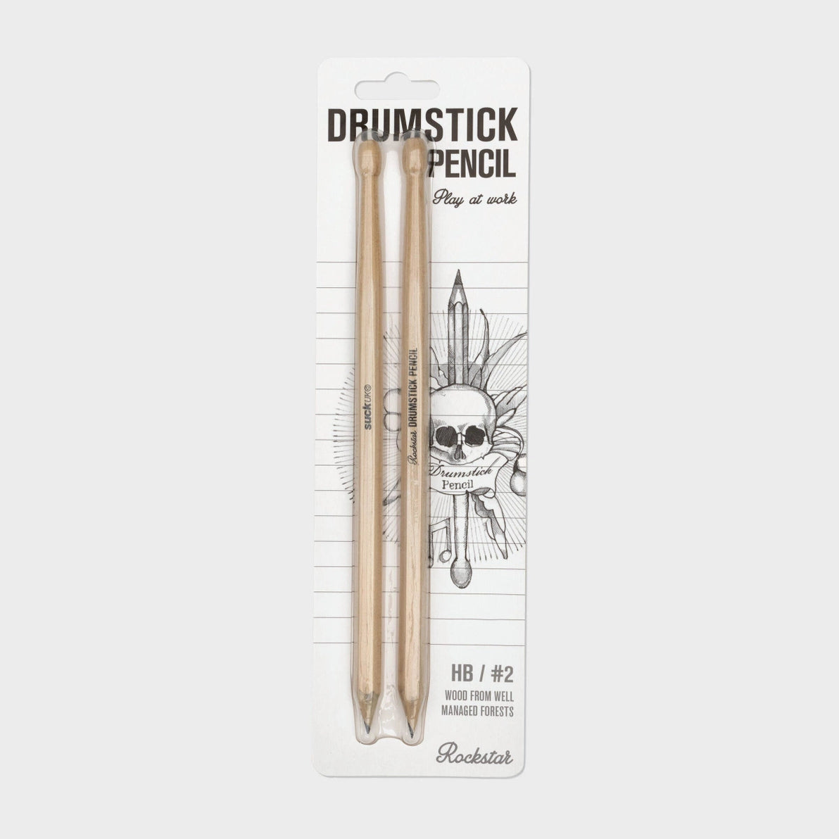 Set of two HB drumstick pencils in retail packaging featuring a skull and crossbones design, labelled “Drumstick Pencil – Play at Work”