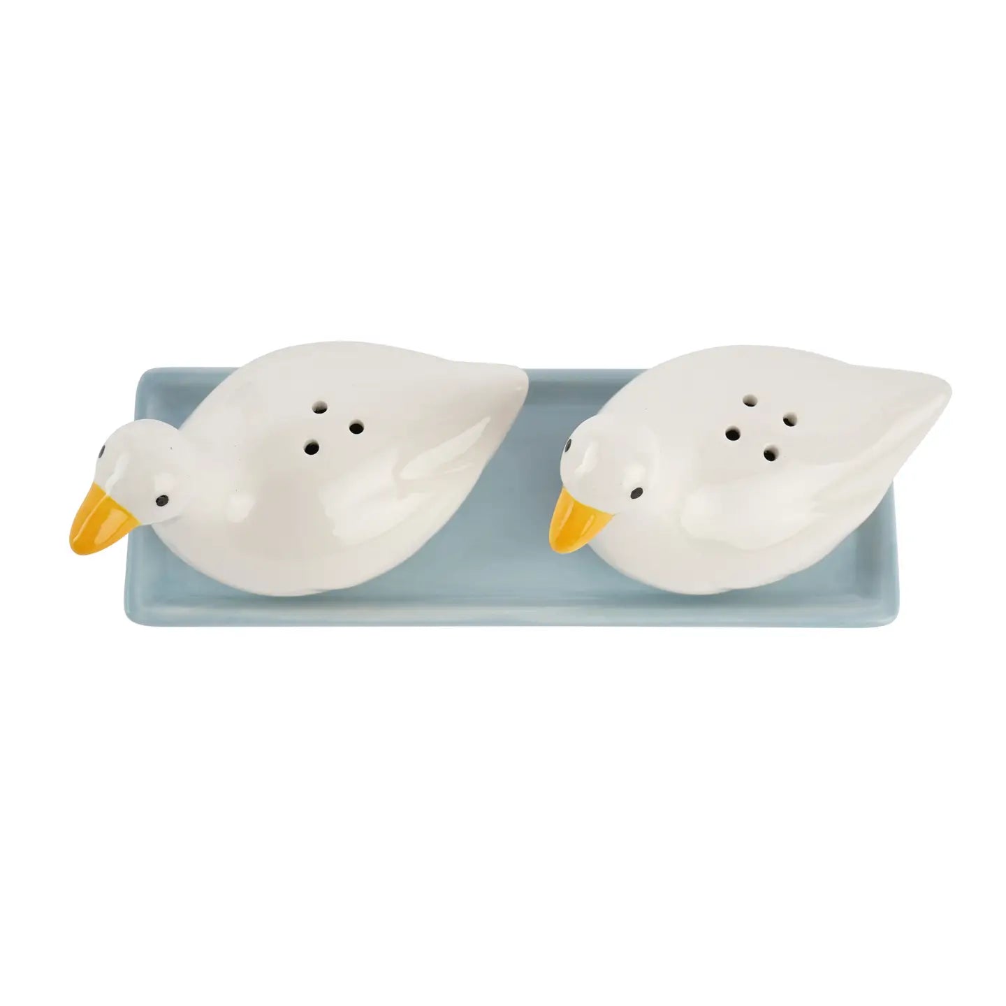 Top-down view of duck shakers inside a white box with cut-out insert for safe packaging and gifting.