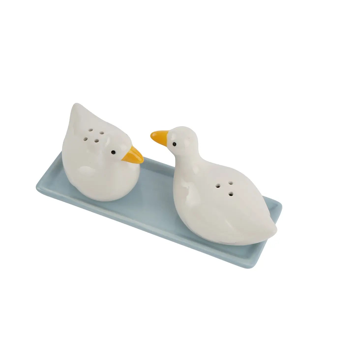 Full set of ceramic duck salt and pepper shakers in gift-ready box, lid open to display product presentation.
