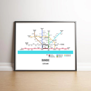 Underground style transport map print of Dundee Scotland showing local towns and landmarks in graphic tube map design.