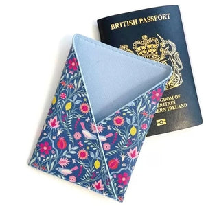 Earth Squared Art Deco Vegan Leather Passport Holder (Blue Floral): Stylish blue Art Deco vegan leather passport holder featuring a stunning floral design. 