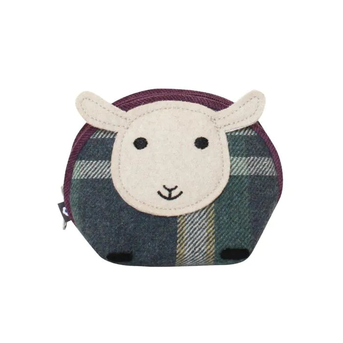 Tweed Sheep Purse in green and purple Barnes tartan with cream felt sheep face, zip coin purse made from recycled wool blend fabric.