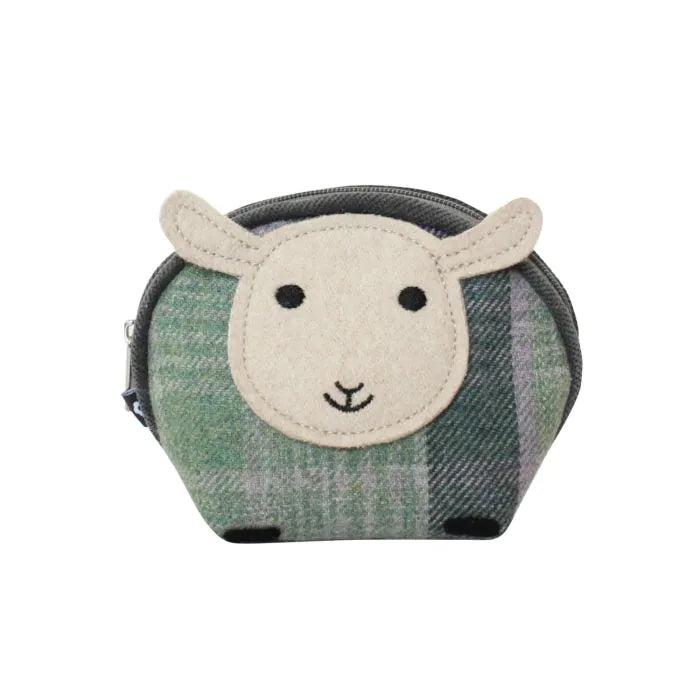 Tweed Sheep Purse in soft green Gosford tartan with cream felt sheep face, small zip coin purse made from recycled wool blend fabric.