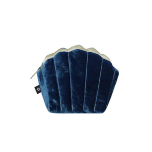 Earth Squared Silk Velvet Clam Purse: Cobalt blue velvet clam shell coin purse with detailed shell texture.